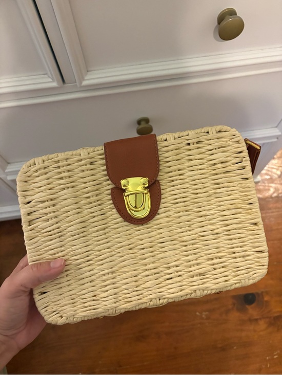 Handbags - Woven Straw Crossbody Bag with Brown Leather Trim